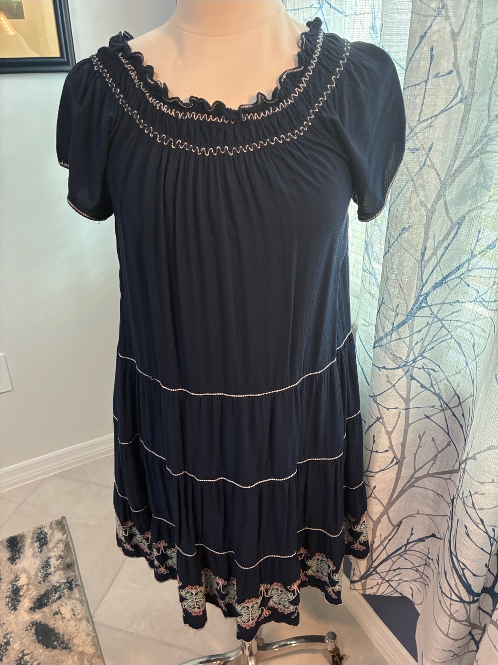 Max Studio Navy Embroidered Tiered Women's Dress